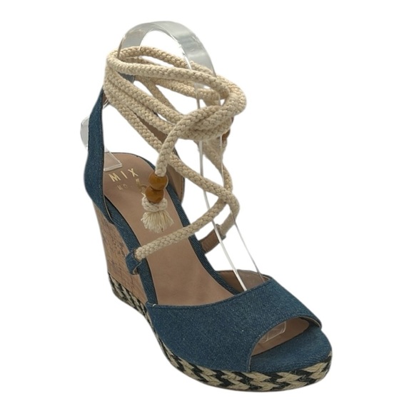 Mix No. 6 Denim Open Toe Strappy Ankle Wrap Wedge Sandals - Picture 1 of 11